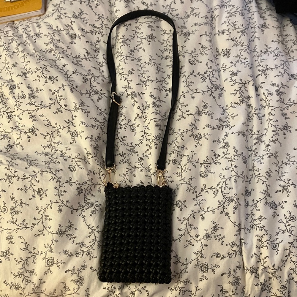 Anthropologie Black and Gold Crossbody Zippered Bag